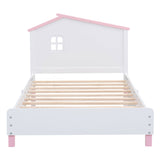 English Elm Twin Size Wood Platform Bed With House-Shaped Headboard (White+Pink)