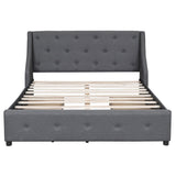 English Elm Upholstered Platform Bed With Wingback Tufted Headboard and 4 Drawers, No Box Spring Needed, Linen Fabric, Queen Size Gray