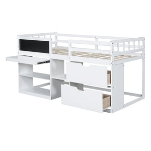 English Elm Twin Low Loft Bed with Rolling Desk Built in Shelving and Underbed Drawers for Kids White LT000135AAK
