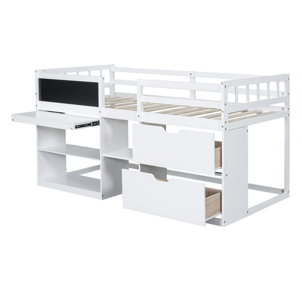 English Elm Twin Low Loft Bed with Rolling Desk Built in Shelving and Underbed Drawers for Kids White LT000135AAK