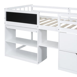 English Elm Twin Low Loft Bed with Rolling Desk Built in Shelving and Underbed Drawers for Kids White LT000135AAK