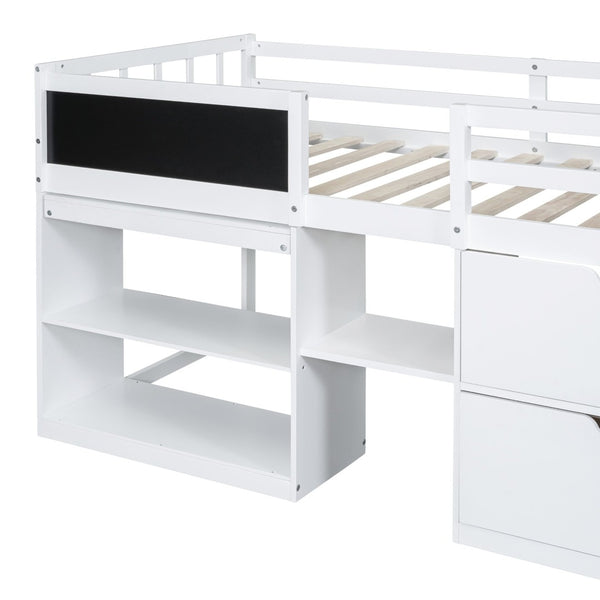 English Elm Twin Low Loft Bed with Rolling Desk Built in Shelving and Underbed Drawers for Kids White LT000135AAK