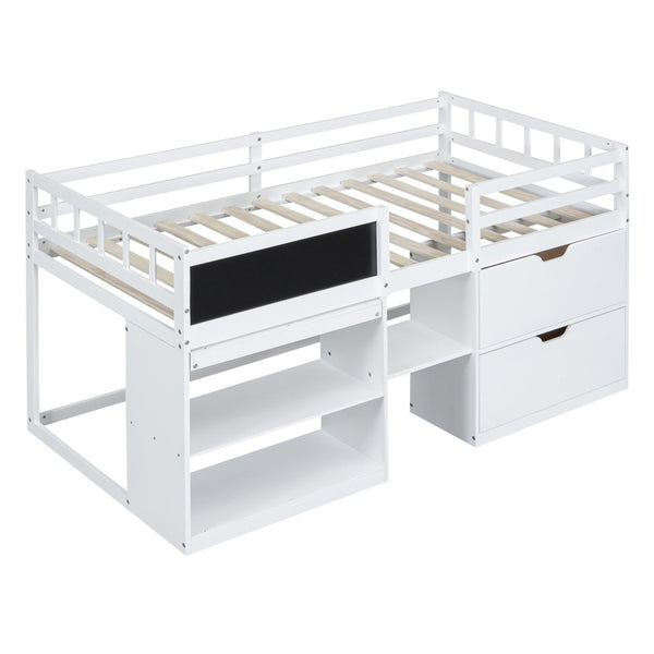 English Elm Twin Low Loft Bed with Rolling Desk Built in Shelving and Underbed Drawers for Kids White LT000135AAK