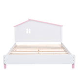 English Elm Full Size Wood Platform Bed With House-Shaped Headboard (White+Pink)