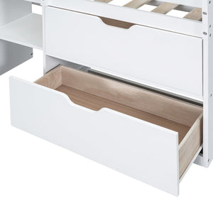 English Elm Twin Low Loft Bed with Rolling Desk Built in Shelving and Underbed Drawers for Kids White LT000135AAK