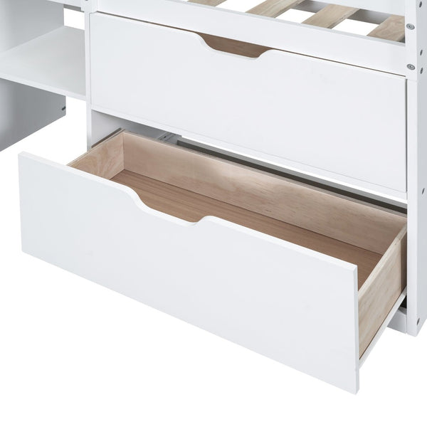 English Elm Twin Low Loft Bed with Rolling Desk Built in Shelving and Underbed Drawers for Kids White LT000135AAK