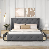 Hearth and Haven Upholstered Platform Bed with Wingback Tufted Headboard and 4 Drawers, No Box Spring Needed, Linen Fabric, Queen Size Gray HL000035AAE