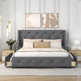 Queen Size Upholstered Button Tufted Platform Bed with Wingback Headboard and 4 Drawers, Grey