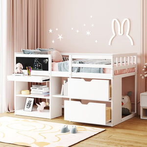English Elm Twin Low Loft Bed with Rolling Desk Built in Shelving and Underbed Drawers for Kids White LT000135AAK