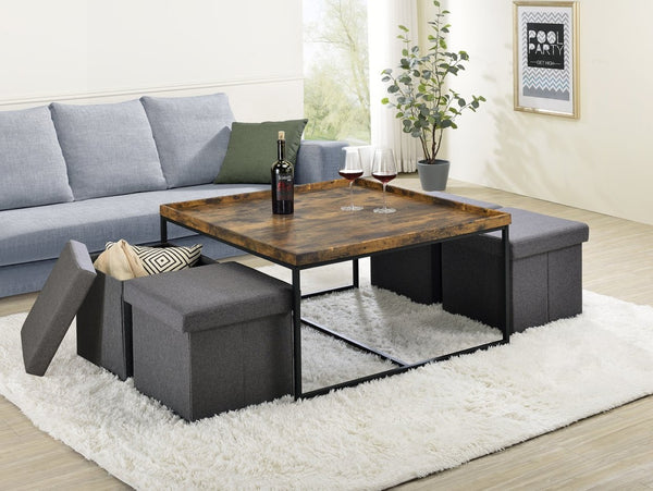 English Elm Vinny Square Coffee Table Set with Four Nesting Storage Stools for Modern Living Brown Oak B061110725