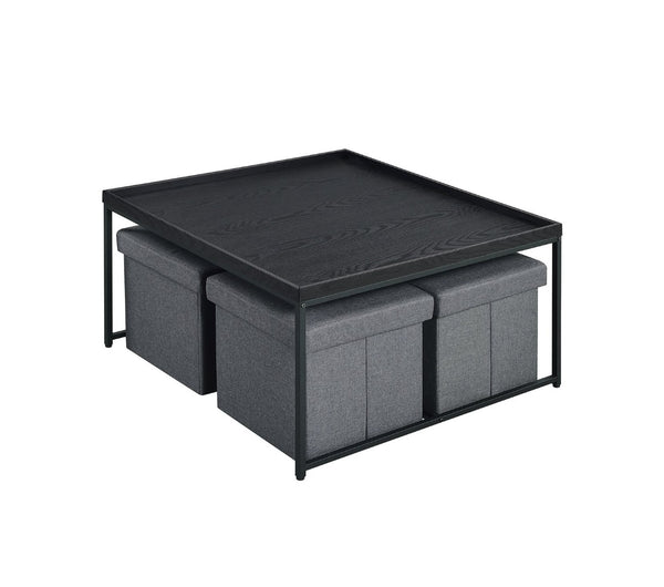 English Elm Vinny Square Coffee Table Set with Four Nesting Storage Stools for Modern Living Black B061110726