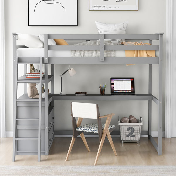 English Elm Twin Loft Bed with Built-In Desk, Shelves and Two Drawers — Pine Wood Sturdy Space-Saving Design Gray GX000423AAE