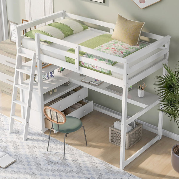 English Elm Twin Loft Bed with Built-In Desk, Shelves and Two Drawers — Pine Wood Sturdy Space-Saving Design White GX000423AAK