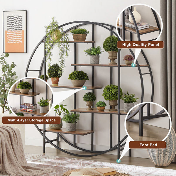English Elm Round 5-Tier Metal Plant Stand Rustic Brown 67" x11.8" x67" — Sturdy Steel Frame, Waterproof Particleboard, Anti-Slip Foot Pads, Indoor Outdoor Display Rack W116290852