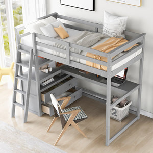 English Elm Twin Loft Bed with Built-In Desk, Shelves and Two Drawers — Pine Wood Sturdy Space-Saving Design Gray GX000423AAE