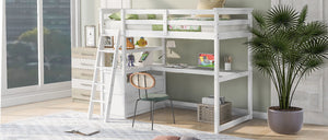 English Elm Twin Loft Bed with Built-In Desk, Shelves and Two Drawers — Pine Wood Sturdy Space-Saving Design White GX000423AAK