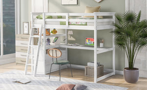 English Elm Twin Loft Bed with Built-In Desk, Shelves and Two Drawers — Pine Wood Sturdy Space-Saving Design White GX000423AAK