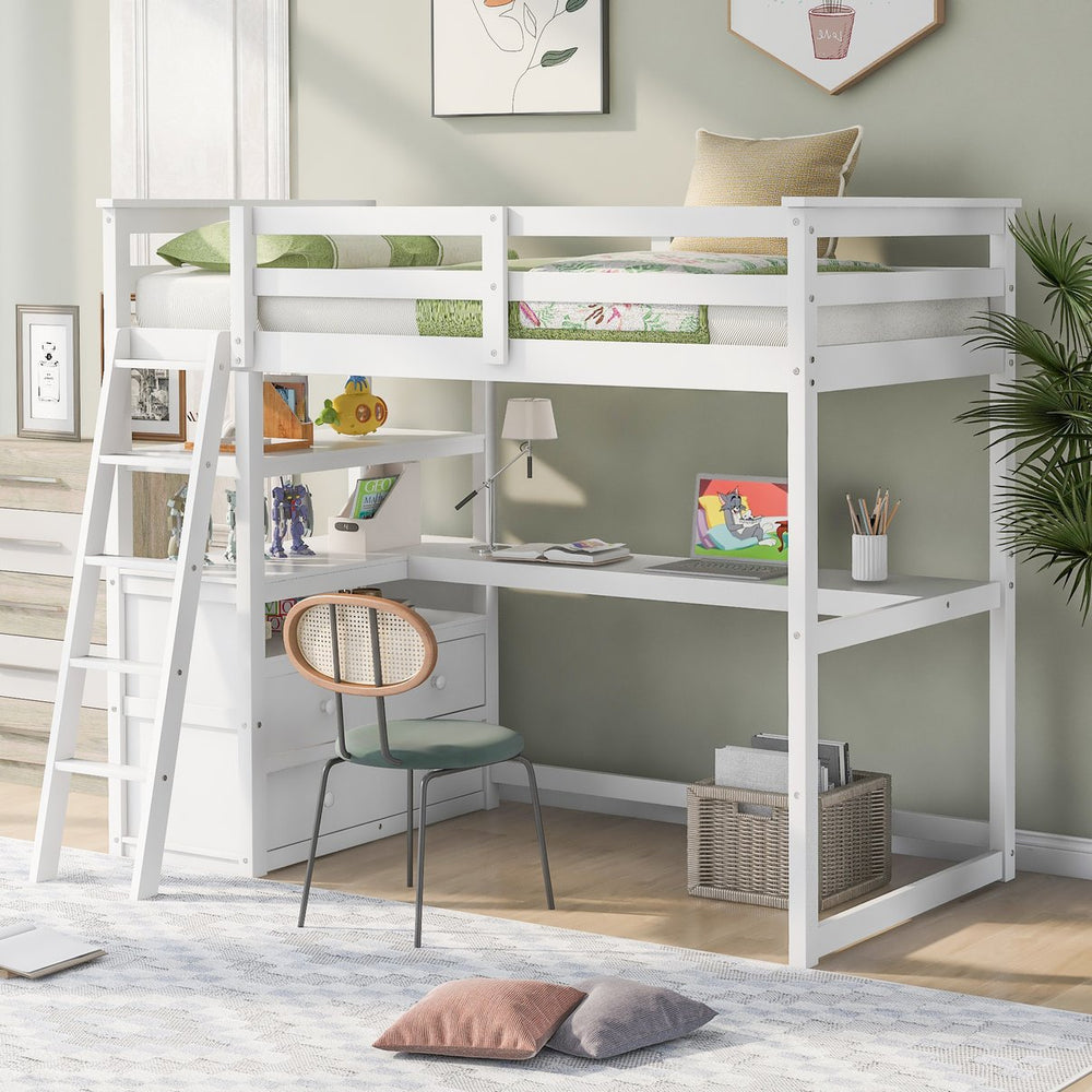 English Elm Twin Loft Bed with Built-In Desk, Shelves and Two Drawers — Pine Wood Sturdy Space-Saving Design White GX000423AAK