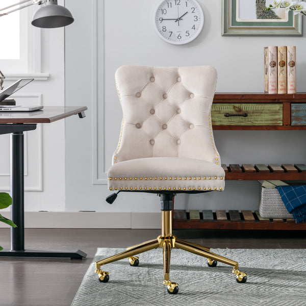 English Elm A&A Velvet Tufted Office Chair with Gold Metal Base — Adjustable Swivel Desk Chair, Luxurious Comfort Beige W114378931