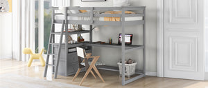 English Elm Twin Loft Bed with Built-In Desk, Shelves and Two Drawers — Pine Wood Sturdy Space-Saving Design Gray GX000423AAE