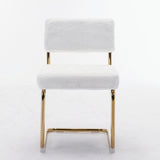 Set of 2 Modern Dining Chairs, White Faux Fur Upholstery, Gold Metal Base, Channel Tufting, Armless Kitchen Chairs