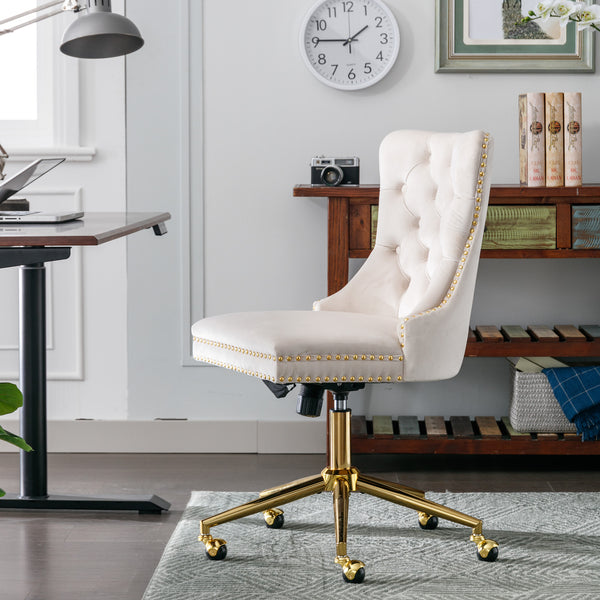 English Elm A&A Velvet Tufted Office Chair with Gold Metal Base — Adjustable Swivel Desk Chair, Luxurious Comfort Beige W114378931