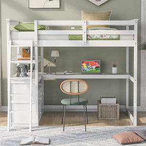 English Elm Twin Loft Bed with Built-In Desk, Shelves and Two Drawers — Pine Wood Sturdy Space-Saving Design White GX000423AAK