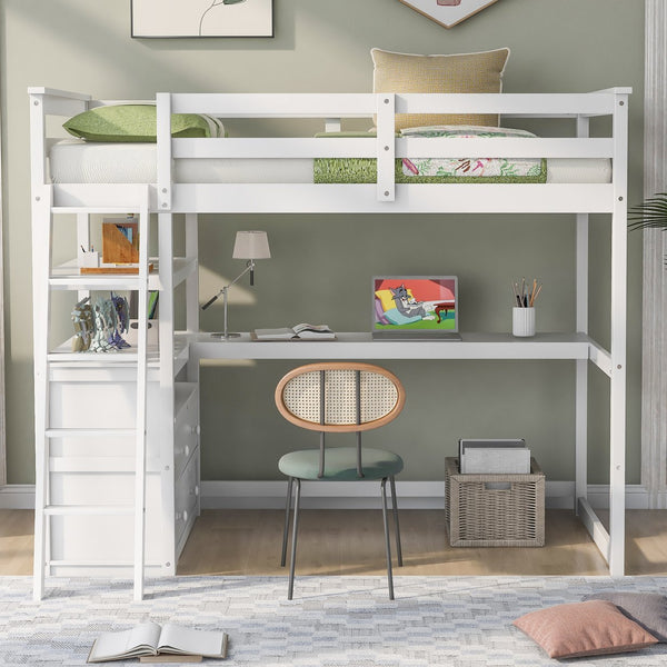 English Elm Twin Loft Bed with Built-In Desk, Shelves and Two Drawers — Pine Wood Sturdy Space-Saving Design White GX000423AAK