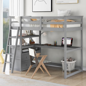 English Elm Twin Loft Bed with Built-In Desk, Shelves and Two Drawers — Pine Wood Sturdy Space-Saving Design Gray GX000423AAE