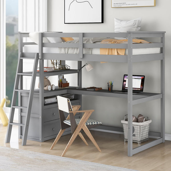 English Elm Twin Loft Bed with Built-In Desk, Shelves and Two Drawers — Pine Wood Sturdy Space-Saving Design Gray GX000423AAE