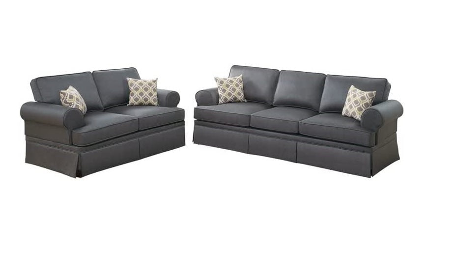 English Elm Charcoal 2-Pc Sofa & Loveseat Set with Rolled Arms, Accent Pillows, Skirt Trim, Sturdy Frame, Cozy Comfort B011S00334