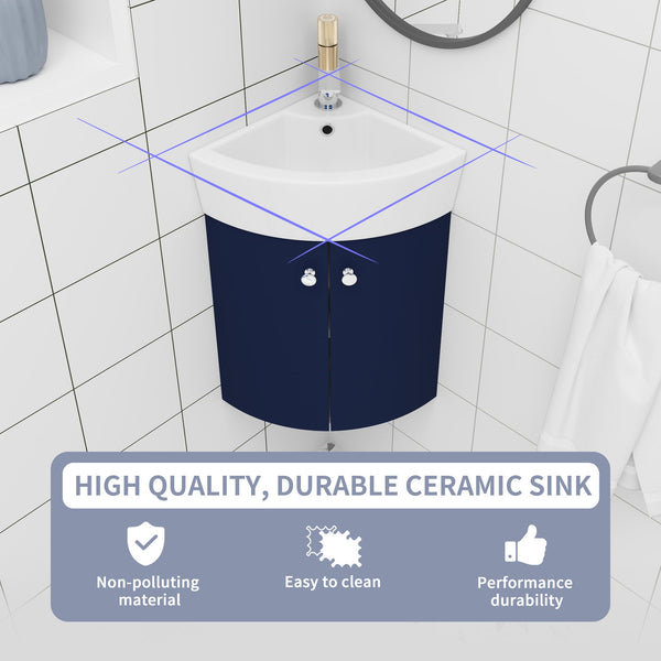 English Elm Corner Wall-Mount Vanity Sink Combo – Space-Saving Ceramic Basin, Soft-Close Door, Durable Plywood Finish W99990112
