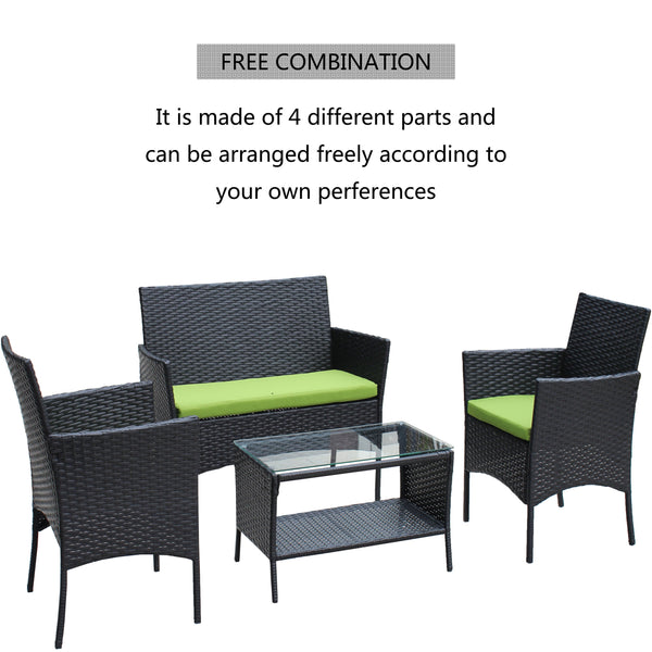 English Elm 4 Pc Rattan Patio Furniture Set – Stylish Outdoor Sofa With Cushions & Glass Table For Relaxation W20985038