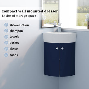 English Elm Corner Wall-Mount Vanity Sink Combo – Space-Saving Ceramic Basin, Soft-Close Door, Durable Plywood Finish W99990112