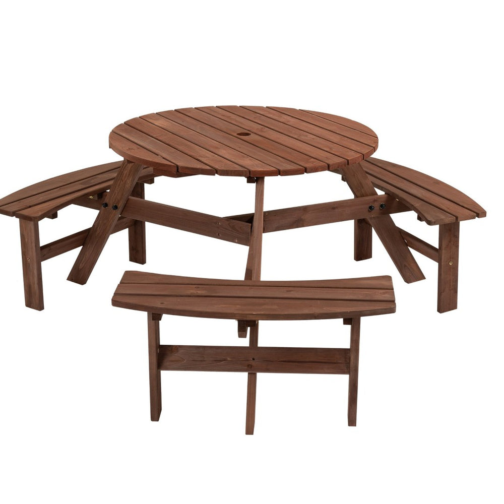 English Elm 6-person Round Fir Wood Outdoor Picnic Table with Three Curved Built-in Benches W142281086