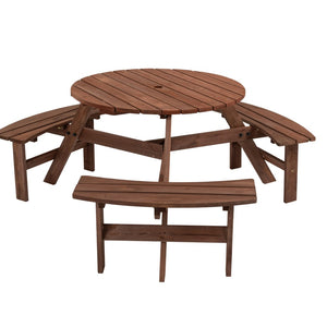 English Elm 6-person Round Fir Wood Outdoor Picnic Table with Three Curved Built-in Benches W142281086