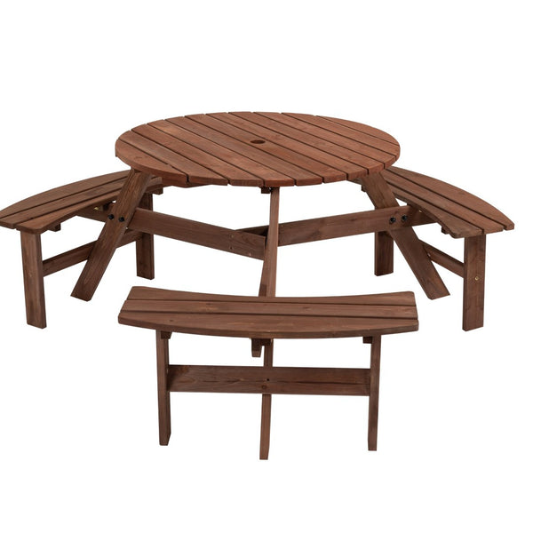 English Elm 6-person Round Fir Wood Outdoor Picnic Table with Three Curved Built-in Benches W142281086