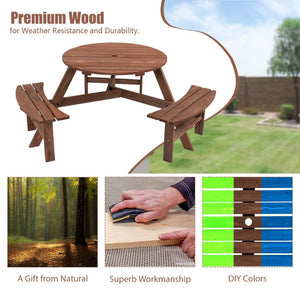 English Elm 6-person Round Fir Wood Outdoor Picnic Table with Three Curved Built-in Benches W142281086