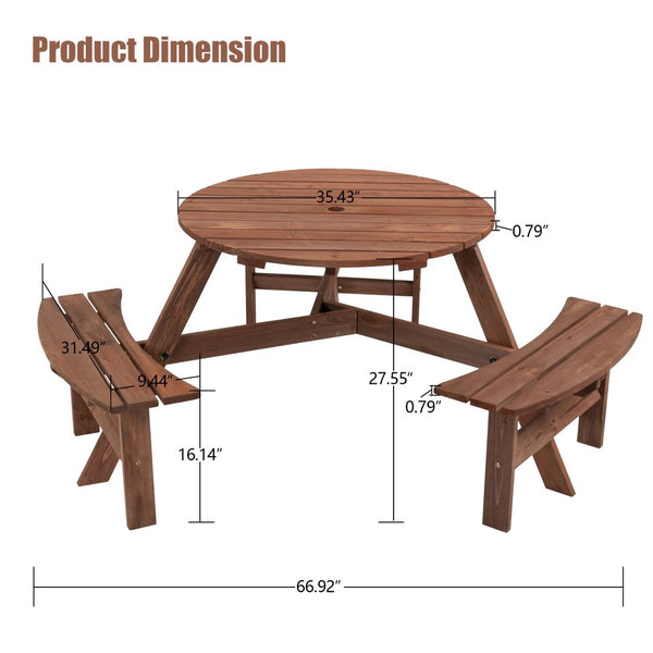 English Elm 6-person Round Fir Wood Outdoor Picnic Table with Three Curved Built-in Benches W142281086