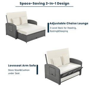English Elm TOPMAX PE Wicker Rattan Double Chaise Lounge with 3-Position Recline, Waterproof Cover, 700lbs Capacity White SP100041AAA