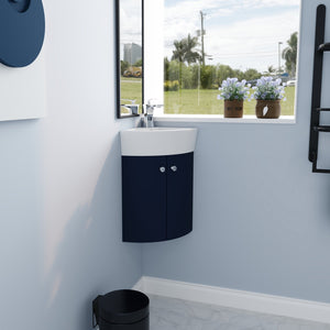 English Elm Corner Wall-Mount Vanity Sink Combo – Space-Saving Ceramic Basin, Soft-Close Door, Durable Plywood Finish W99990112