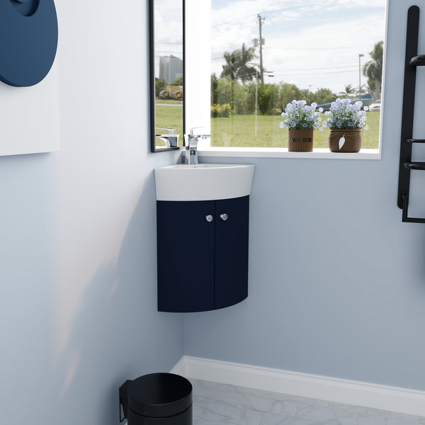 English Elm Corner Wall-Mount Vanity Sink Combo – Space-Saving Ceramic Basin, Soft-Close Door, Durable Plywood Finish W99990112