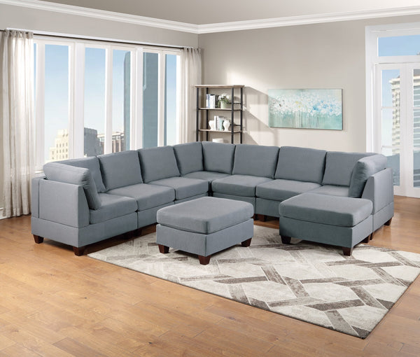 English Elm Modular 9Pc Sectional Set - Versatile Grey Linen Couch With Ottomans & Armless Chairs For Modern Living B011S00337