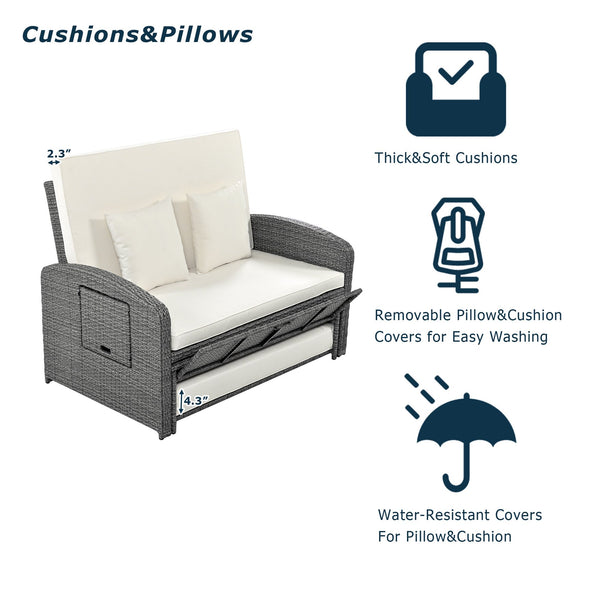 English Elm TOPMAX PE Wicker Rattan Double Chaise Lounge with 3-Position Recline, Waterproof Cover, 700lbs Capacity White SP100041AAA