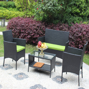 English Elm 4 Pc Rattan Patio Furniture Set – Stylish Outdoor Sofa With Cushions & Glass Table For Relaxation W20985038