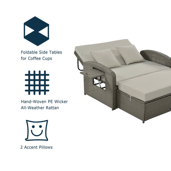 English Elm TOPMAX PE Wicker Rattan Double Chaise Lounge with 3-Position Recline, Waterproof Cover, 700lbs Capacity Gray SP100041AAE