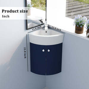 English Elm Corner Wall-Mount Vanity Sink Combo – Space-Saving Ceramic Basin, Soft-Close Door, Durable Plywood Finish W99990112