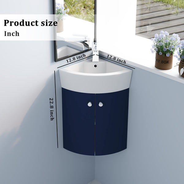English Elm Corner Wall-Mount Vanity Sink Combo – Space-Saving Ceramic Basin, Soft-Close Door, Durable Plywood Finish W99990112