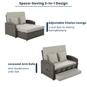 English Elm TOPMAX PE Wicker Rattan Double Chaise Lounge with 3-Position Recline, Waterproof Cover, 700lbs Capacity Gray SP100041AAE