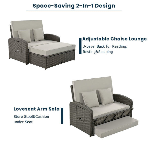 English Elm TOPMAX PE Wicker Rattan Double Chaise Lounge with 3-Position Recline, Waterproof Cover, 700lbs Capacity Gray SP100041AAE